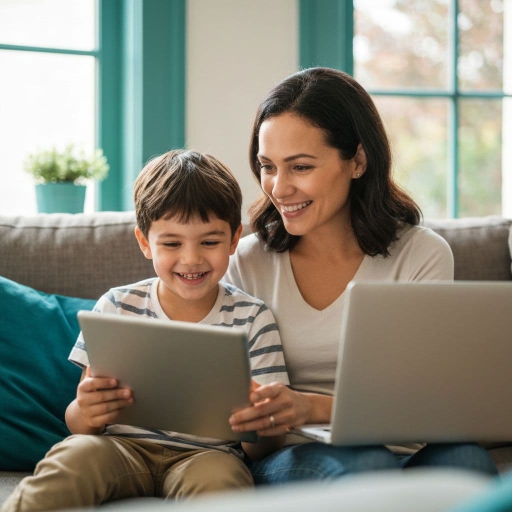 Parent and child enjoying a virtual ABA therapy session together at home