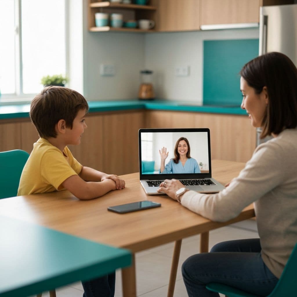 A child and parent engaged in a virtual ABA therapy session with a therapist on screen